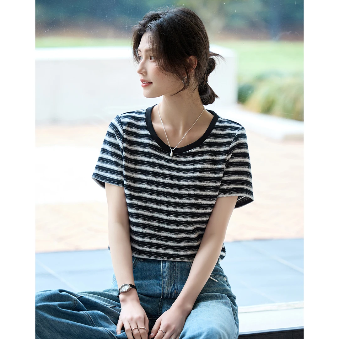 【艾美甄选】棉质撞色条纹T恤AN25X5021