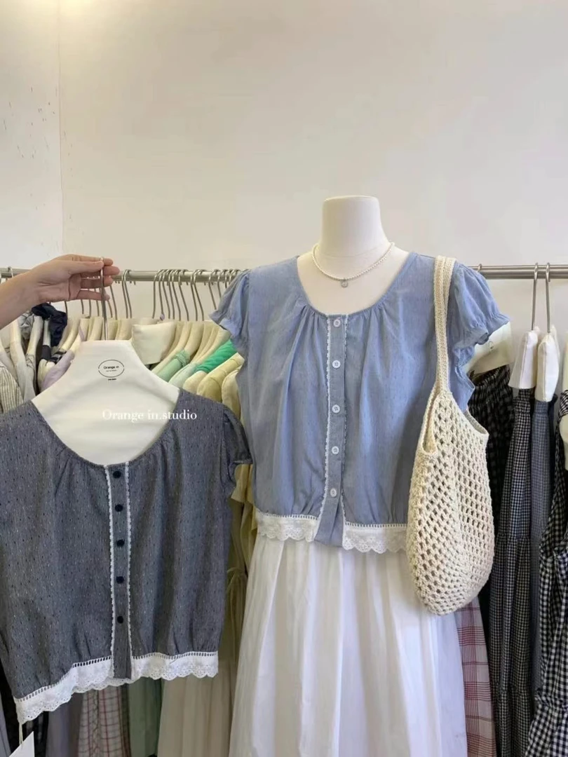 【蔓小蔓】短款条纹碎花圆领短袖蕾丝T恤