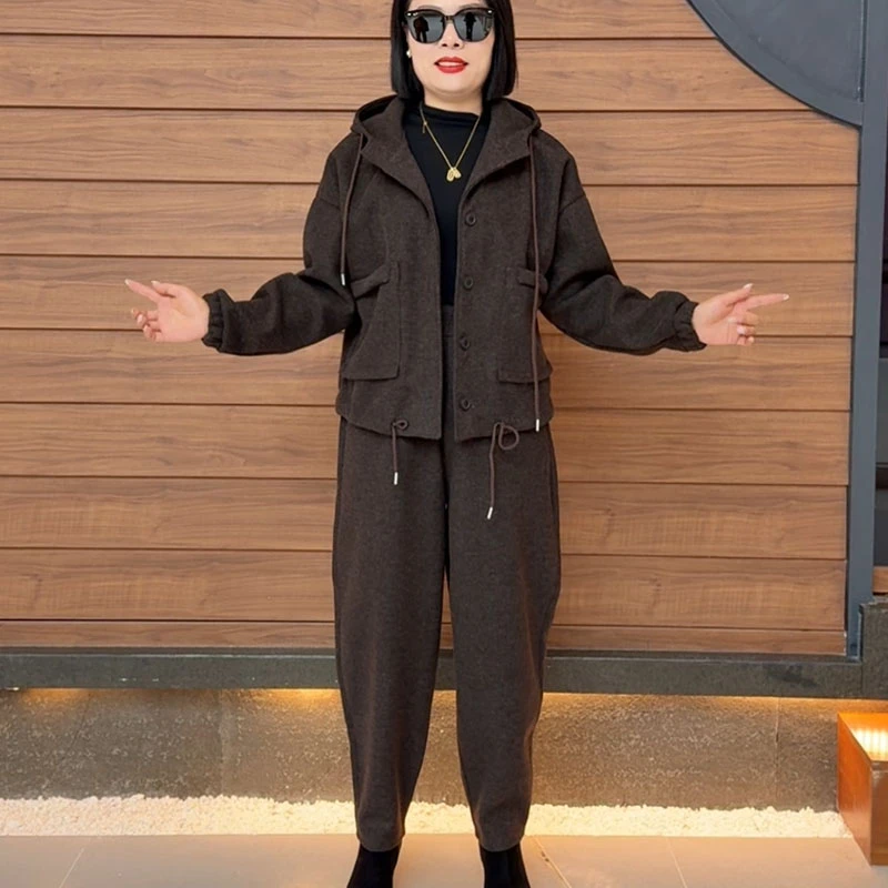（9065）2025年冬季新款双面尼保暖长袖连帽大兜时尚洋气显瘦套装女