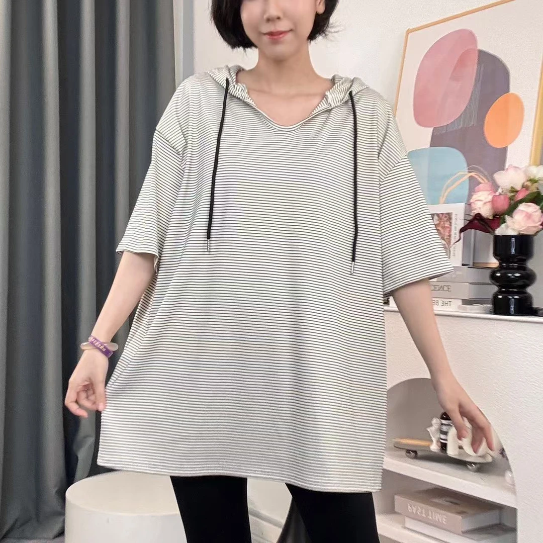 夏季新款条纹宽松大版型大码休闲连帽短袖T恤G7905