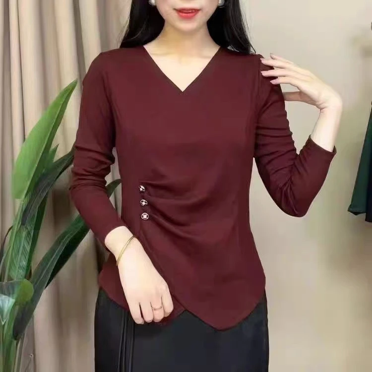 早秋新款2025春秋季新款V领长袖T恤撞色设计感时尚女士修身小衫