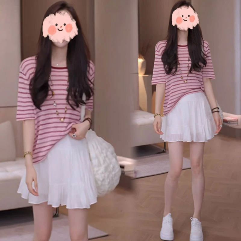 香朵儿条纹圆领短袖T恤百搭半身裙套装2025年夏季新款洋气衣服女