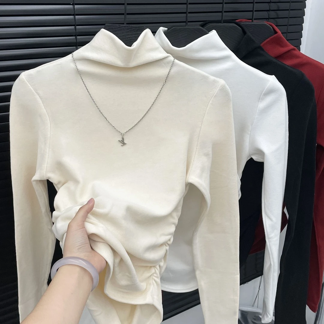 美式正肩半高领德绒打底上衣舒适毛绒褶皱收腰设计感简约长袖女