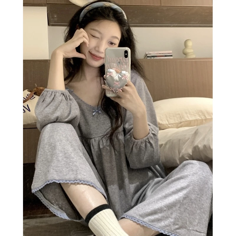 ins少女甜美可爱高级感蕾丝花边蝴蝶结睡衣女春秋新款宽松家居服