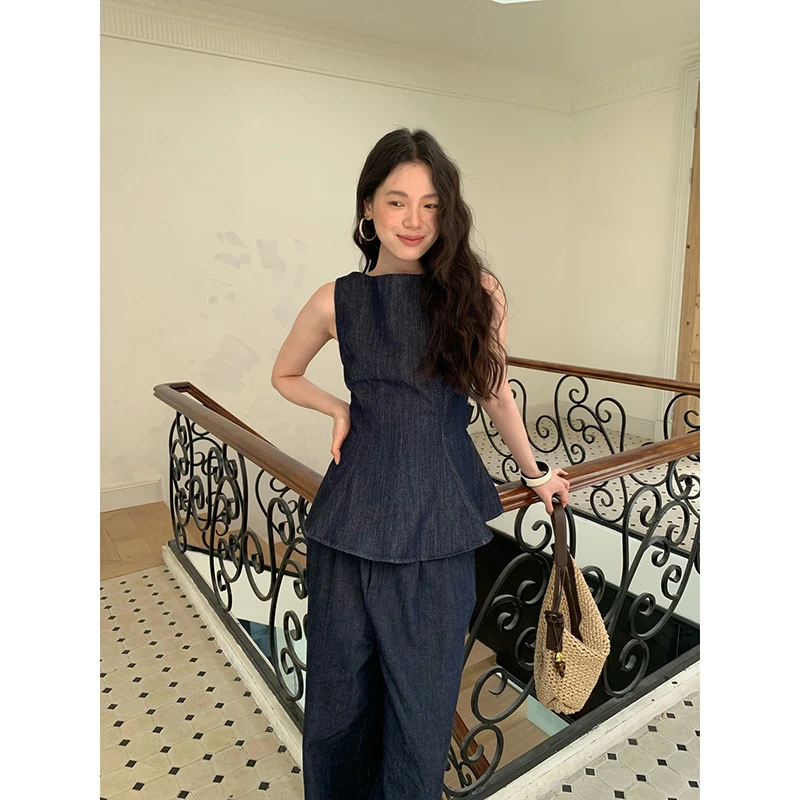 NEWOPEN夏款25夏时尚潮流牛仔露背蝴蝶结收腰无袖上衣女S5503