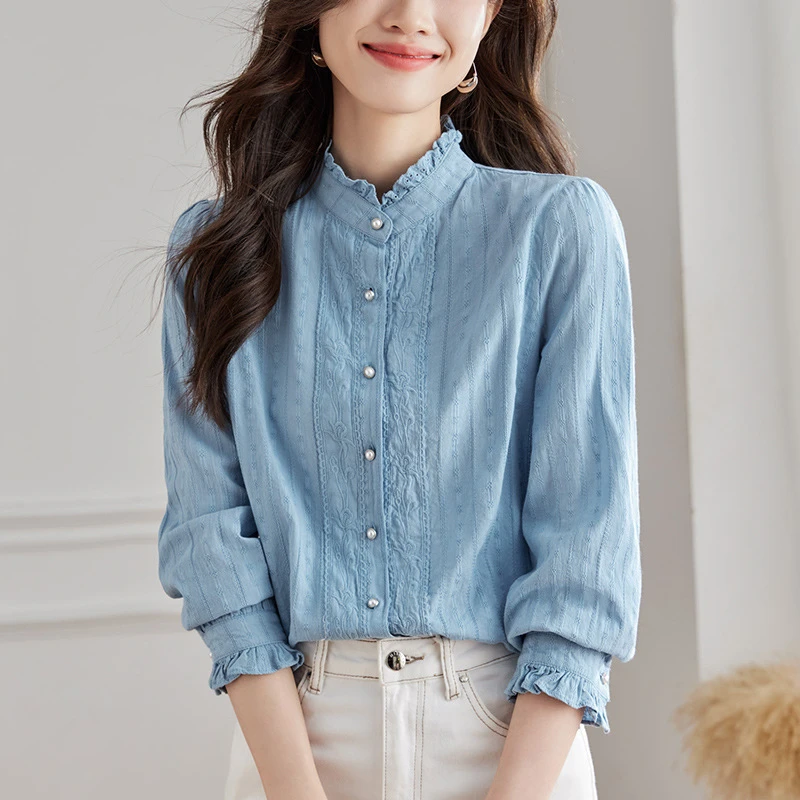 厂家直销日系小众小个子立领白色长袖秋季新款女装洋气减龄衬衫