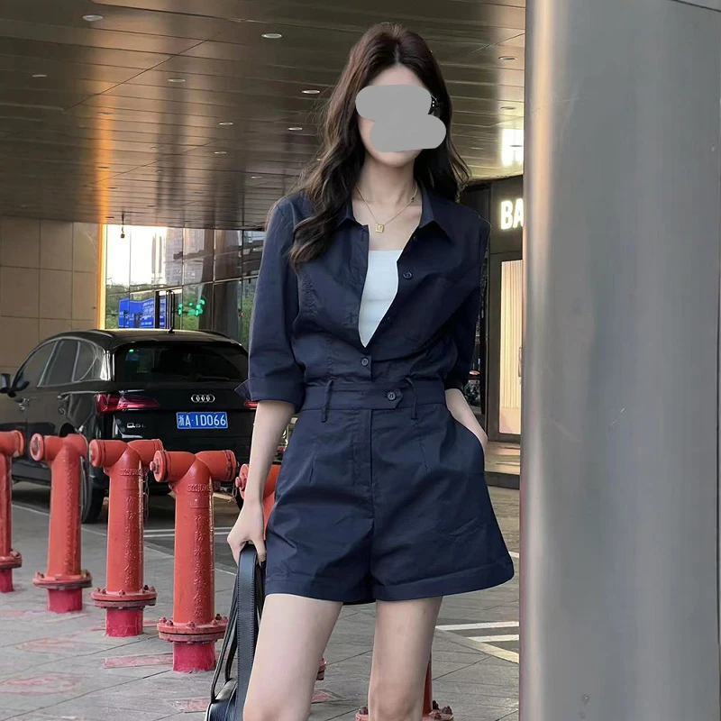 复古阔腿气质休闲百搭藏蓝色连衣裤女2025夏季洋气复古显瘦连体裤