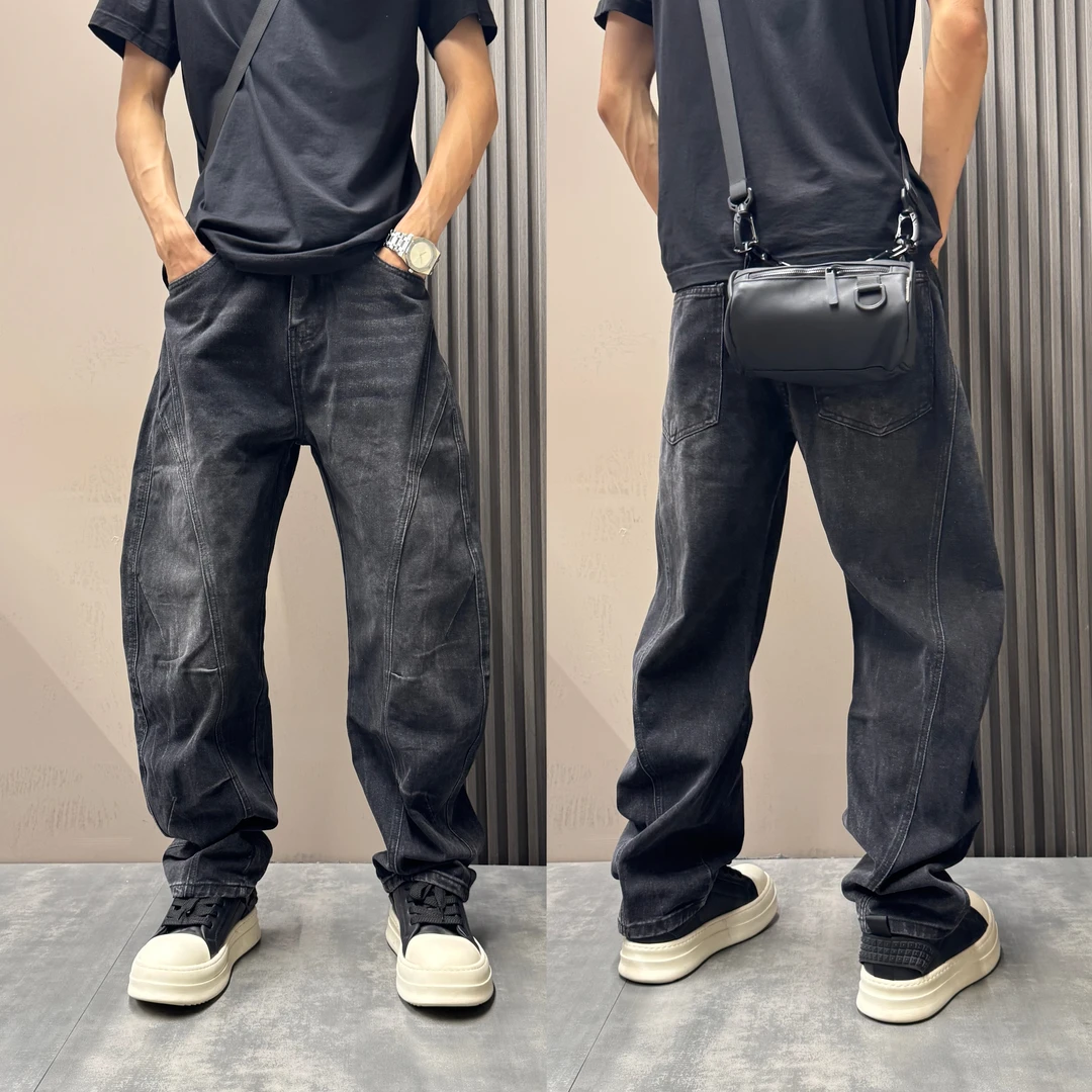 美式复古水洗做旧弯刀牛仔长裤男2025秋冬宽松立体裁剪痞帅阔腿裤