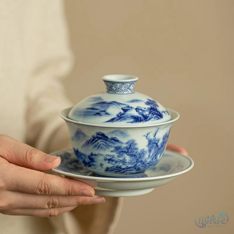 景德镇青花大盖碗三才不烫手敬茶碗茶盏茶具茶杯主人杯品茗杯WDS