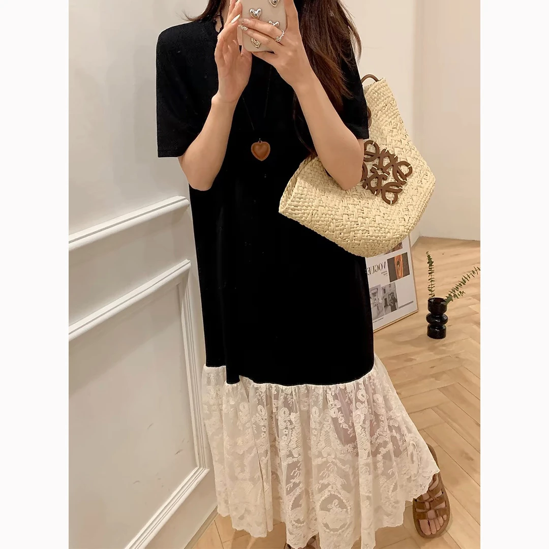 蕾丝拼接短袖连衣裙女夏韩版宽松时尚气质休闲黑色鱼尾裙中长裙子