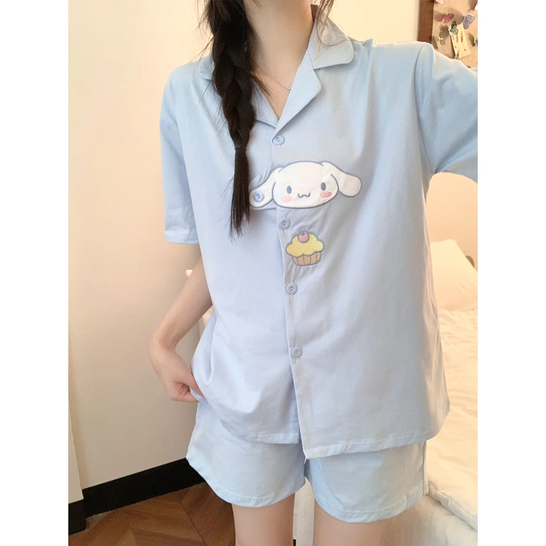 睡衣女夏季新款纯棉短袖玉桂狗刺绣卡通甜美薄款可外穿家居服套装