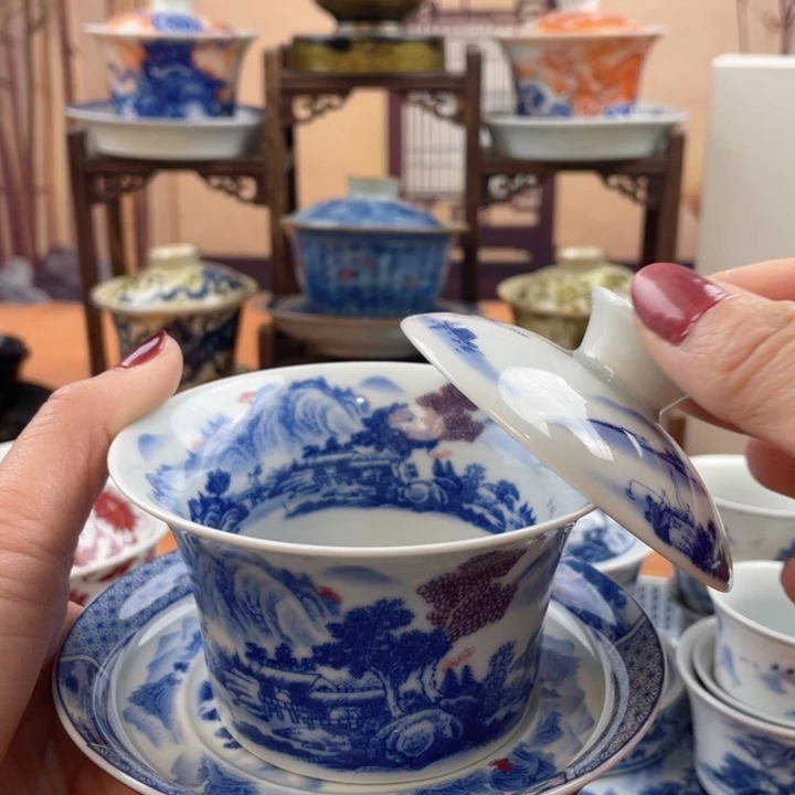 陶摆件富春山居图马蹄盖碗