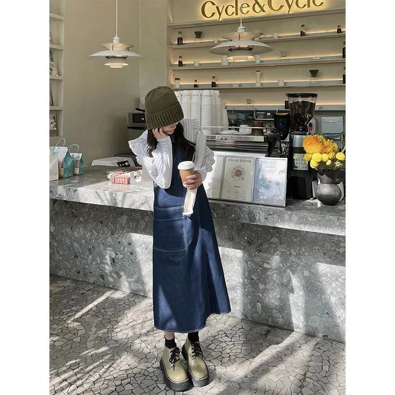 上衣女背带两件套春秋衬衫套装牛仔小众新款秋季长袖2025年裙子