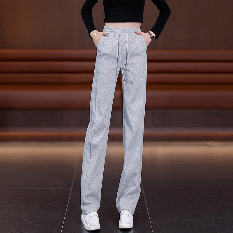 运动休闲阔腿裤女春季2025新款高腰显瘦宽松小个子休闲窄版直筒裤