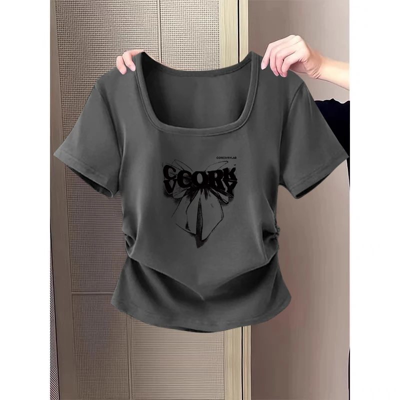 短袖t恤女2025新款夏季韩版修身显瘦圆弧形辣妹大码女装胖mm上衣
