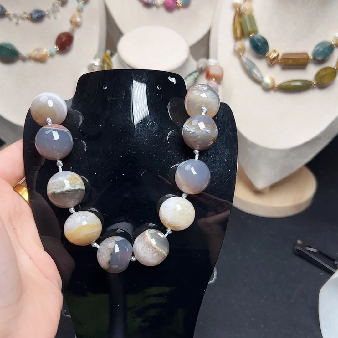 玛瑙/玉髓合金珠宝半成品w307 18m 双拼高透圆珠玛瑙一条