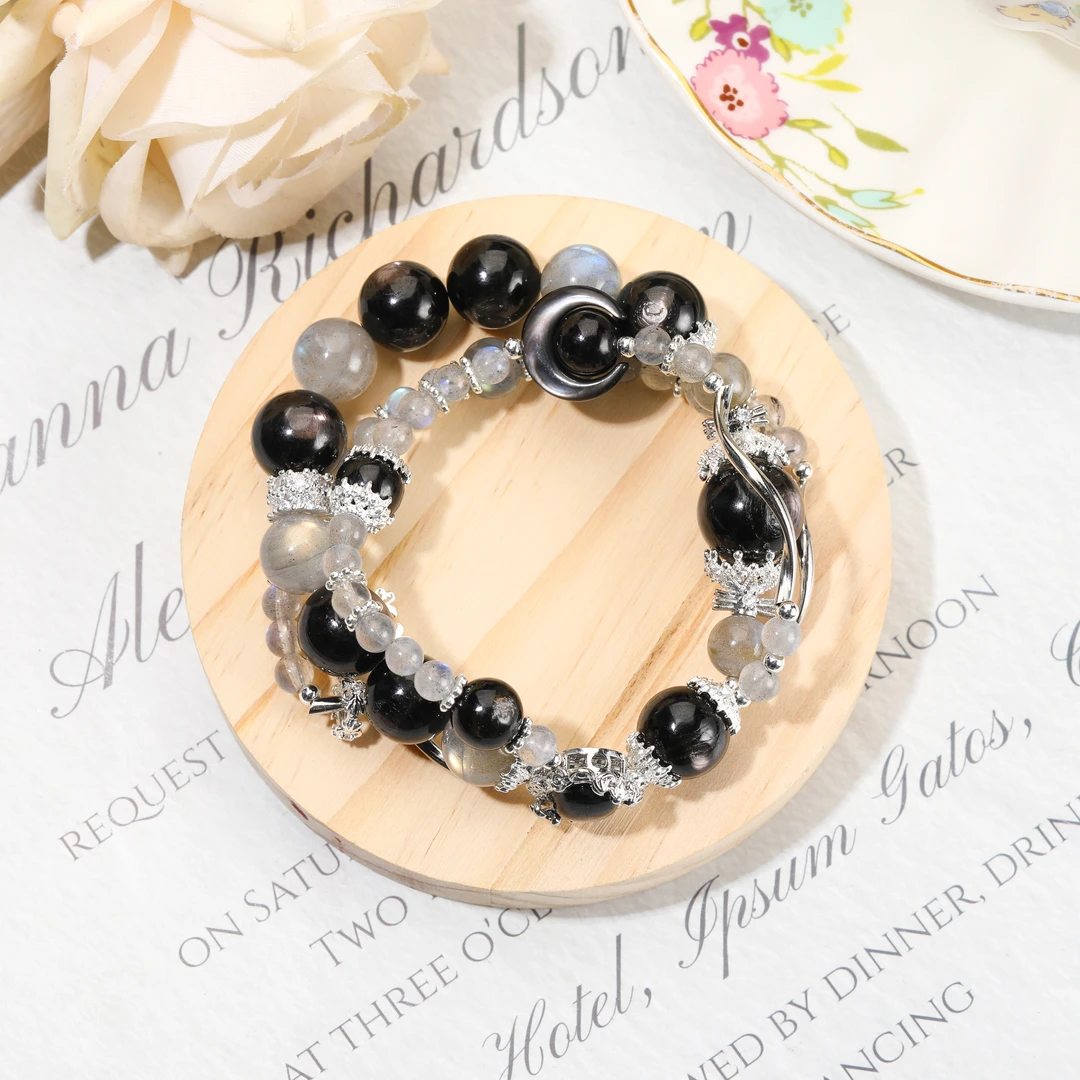 CB3991【夜航船】金运石 灰月光 黑贝月亮 水晶手串