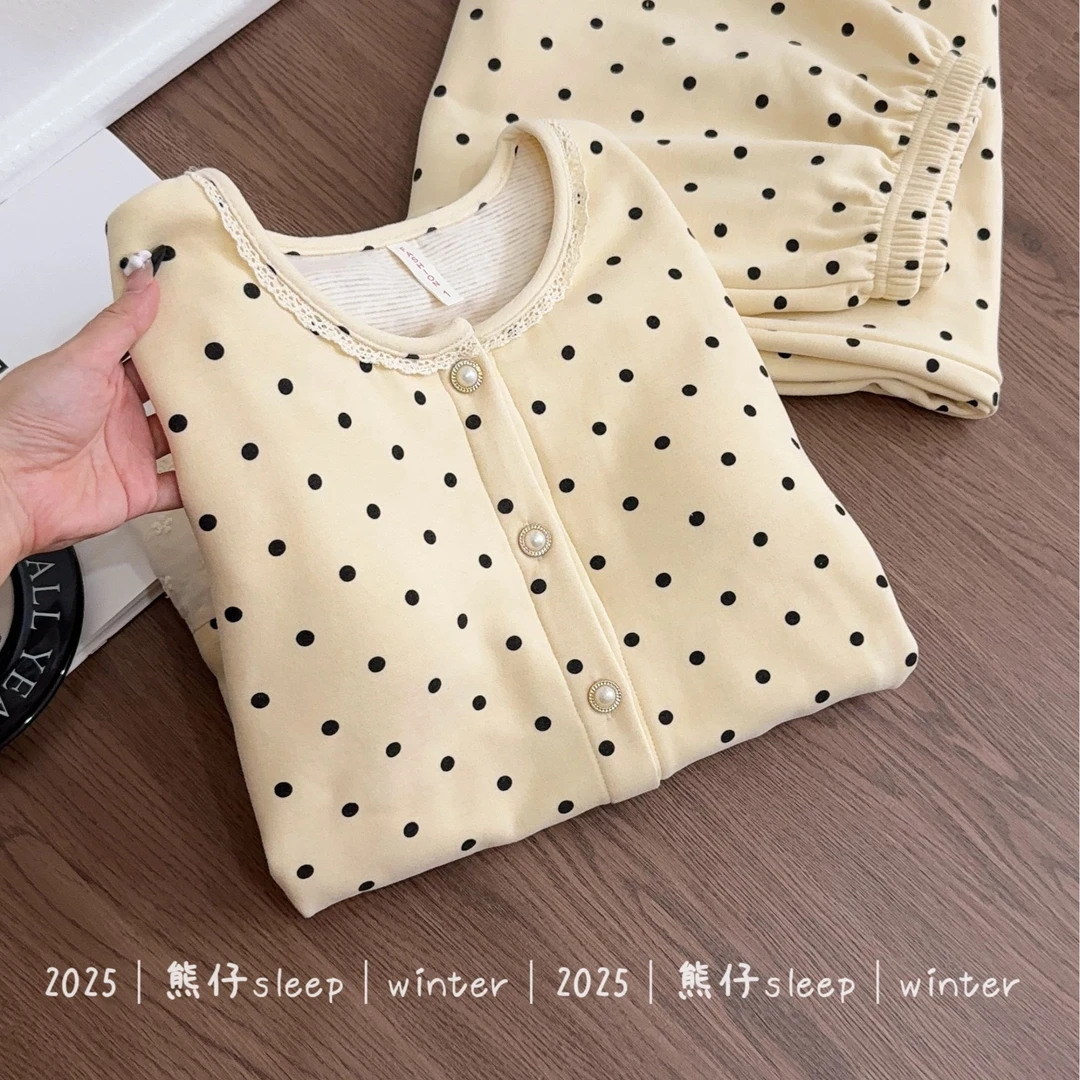 『奶芙波点』秋冬睡衣女花边蕾丝亲肤磨毛绒保暖带胸垫长袖家居服套