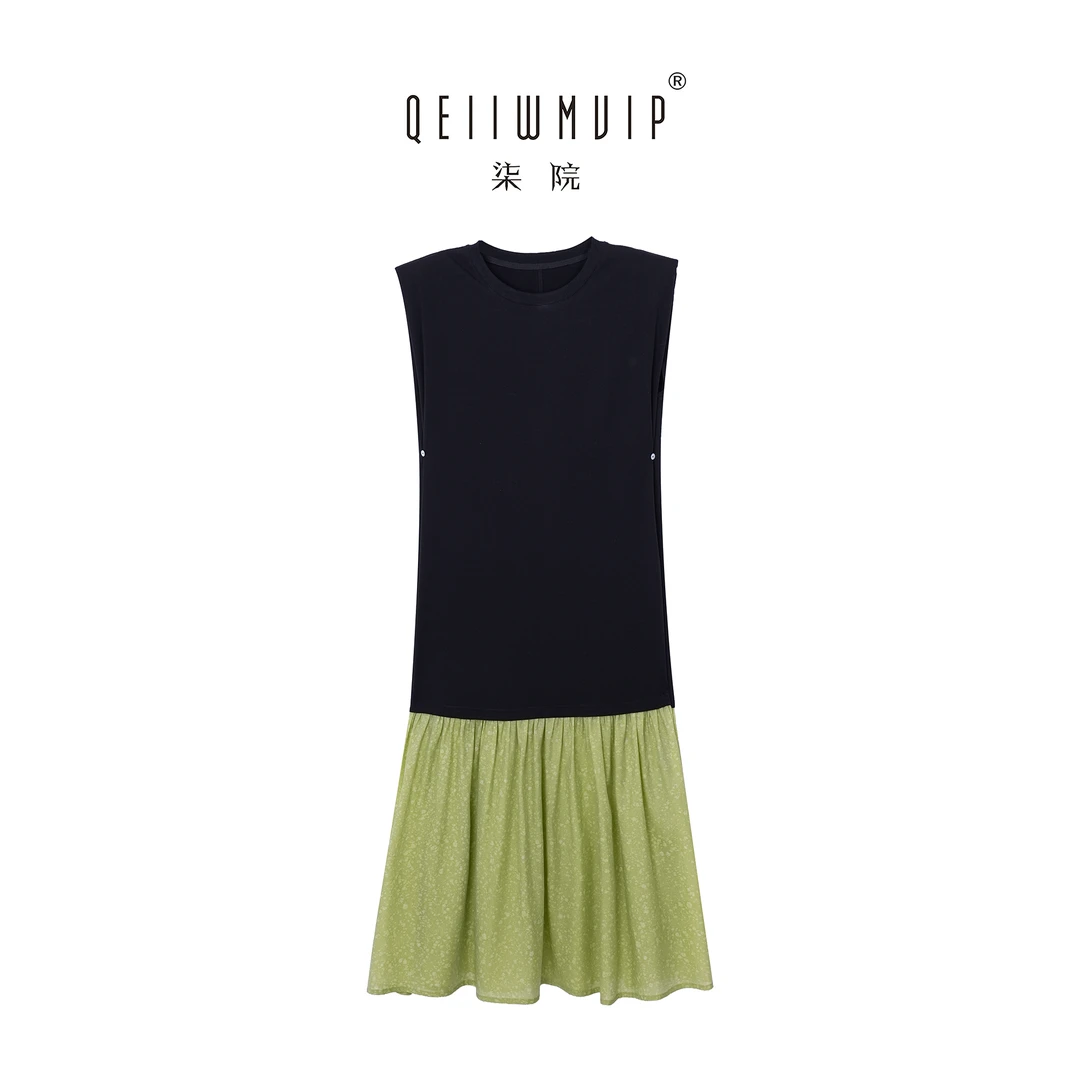 QEIIWMVIP/柒院夏季新款显瘦无袖拼接时尚气质假两件连衣裙6966
