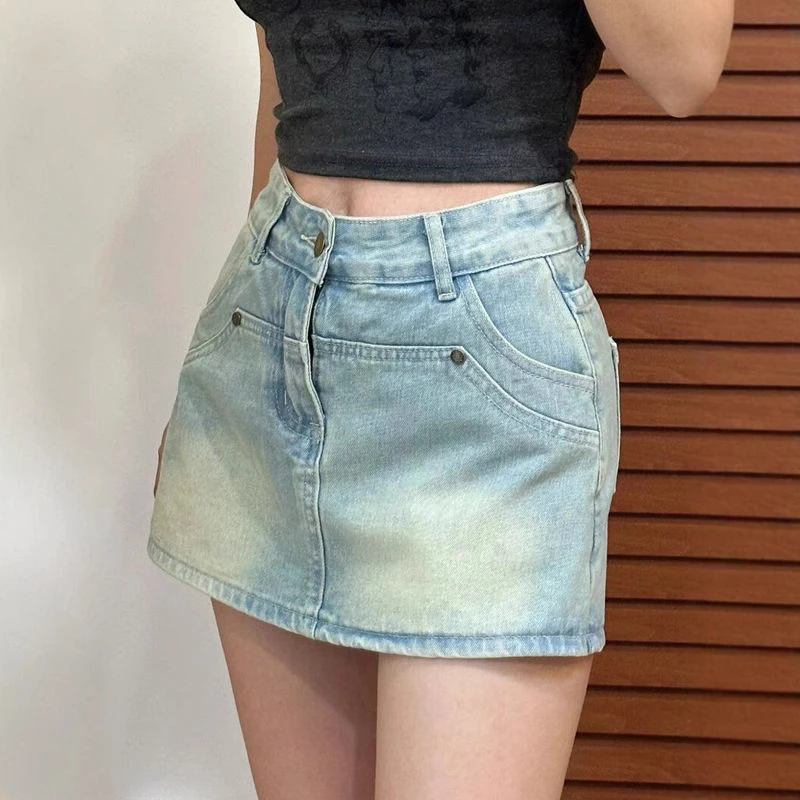复古做旧浅蓝色牛仔半身裙女2025春夏季新款高腰包臀短裙辣妹裙裤