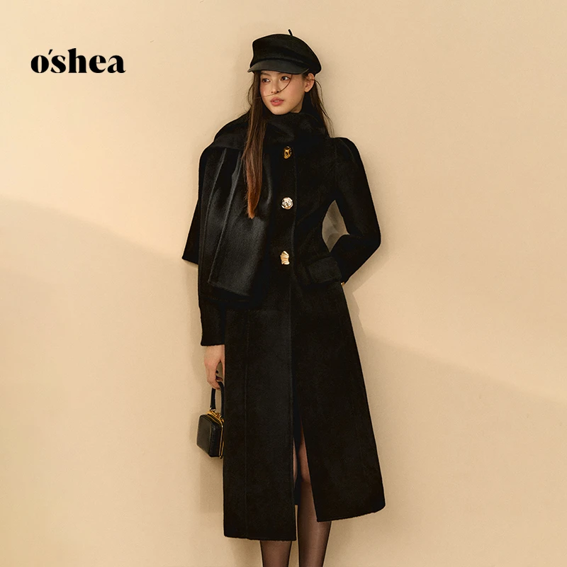 oshea【官方专享】黑色泡泡袖羊毛毛呢外套女2025冬修身长款大衣