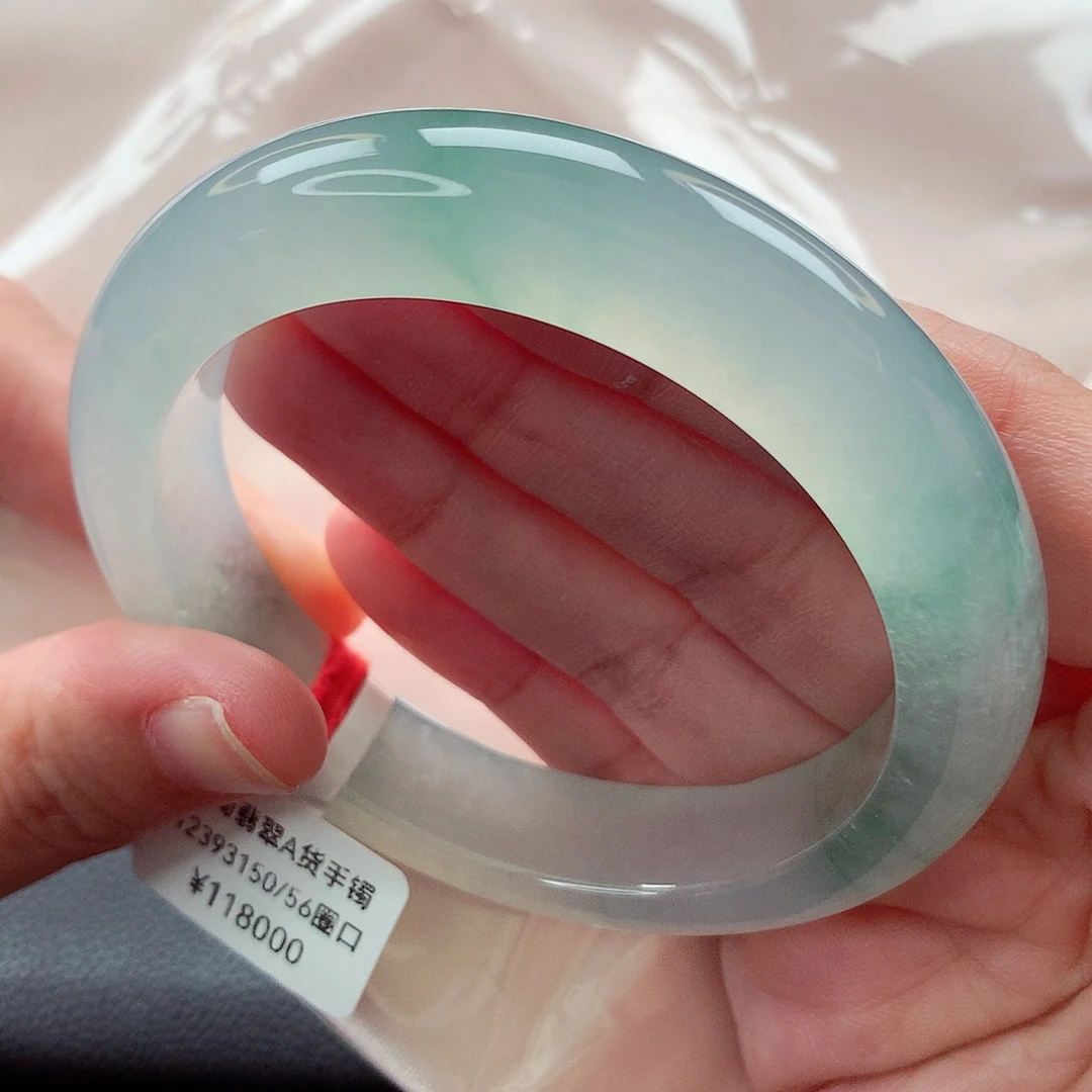 翡翠未镶嵌手镯冰绿起光起双皮飘花 56 57圈口 小六天花板