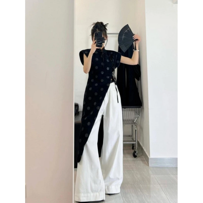 大码胖MM新中式复古收腰改良旗袍上衣夏季国风波点叠穿开叉连衣裙