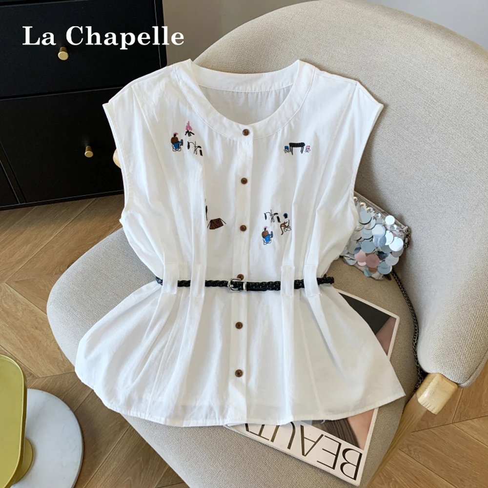 拉夏贝尔夏季无袖新款韩版时尚休闲百搭收腰显瘦刺绣衬衫上衣女潮