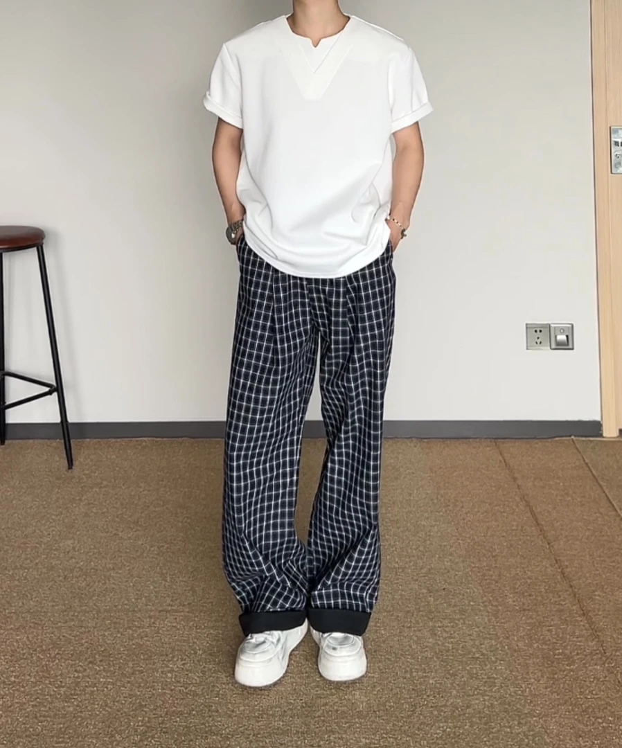 钟世岩6021「撞色格子 纽扣门襟」休闲裤男宽松设计感小众裤子夏季