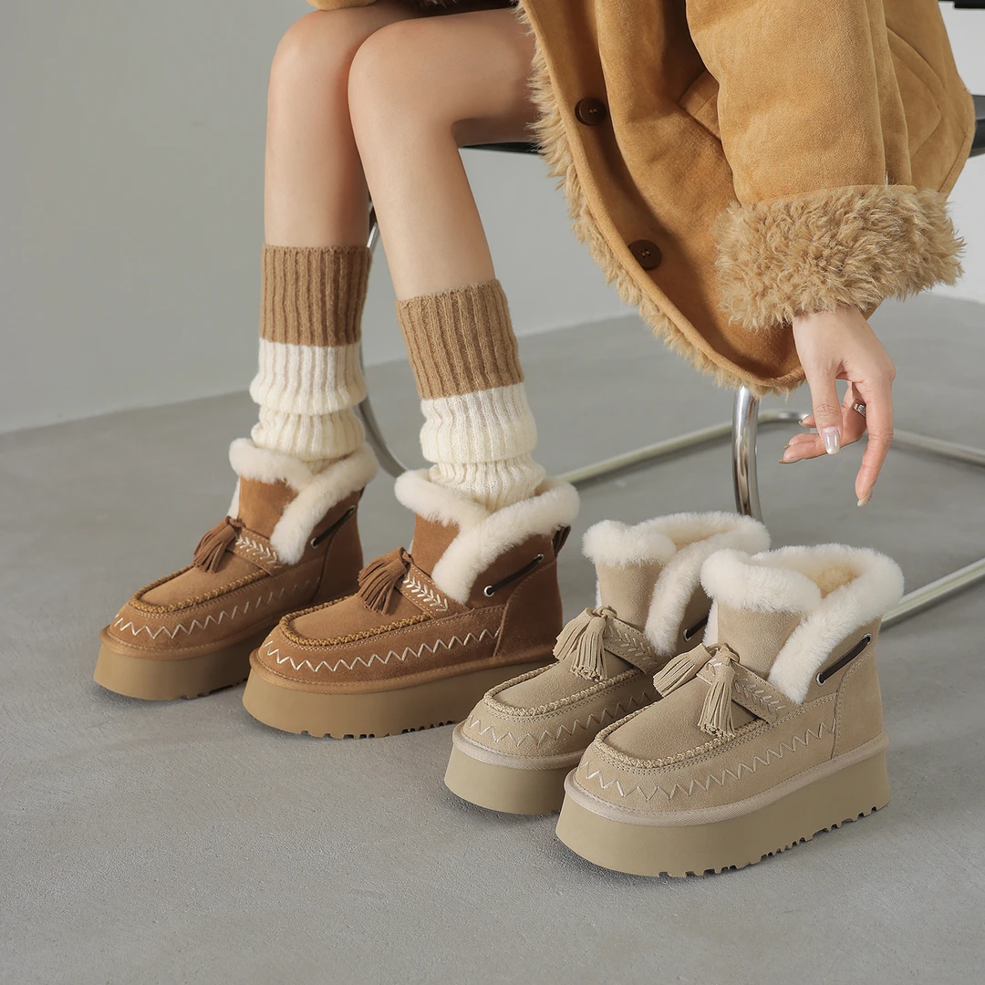 手工制作4.5cm冬季女鞋加厚韩版保暖流苏雪地靴女款2025新款爆款