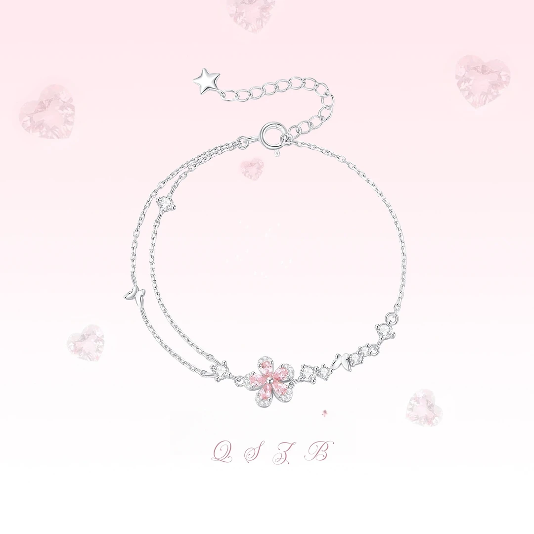 925银合成锆石手链 原创设计粉钻蝴蝶花朵镶钻甜美少女小众手链