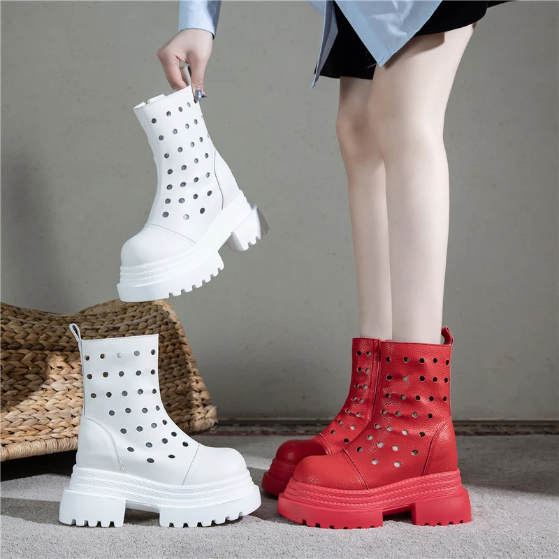 真皮内增高短靴女2025新款夏季白色镂空厚底透气凉靴子红色马丁靴