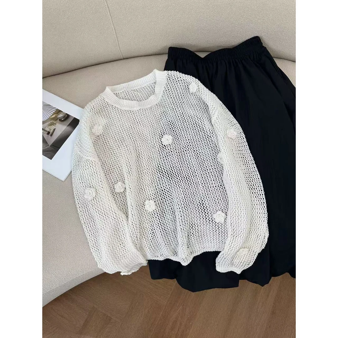 小静折扣~W026Q春季和纸纱立体花朵针织镂空长袖针织衫（卡码拍大）