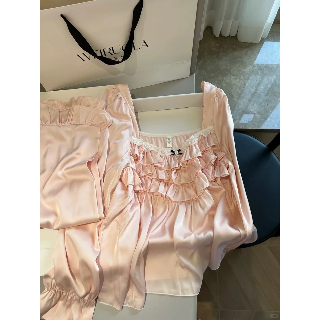 【粉心佳人】轻奢高级木耳边冰丝睡衣女2025秋季新款套装大码家居服