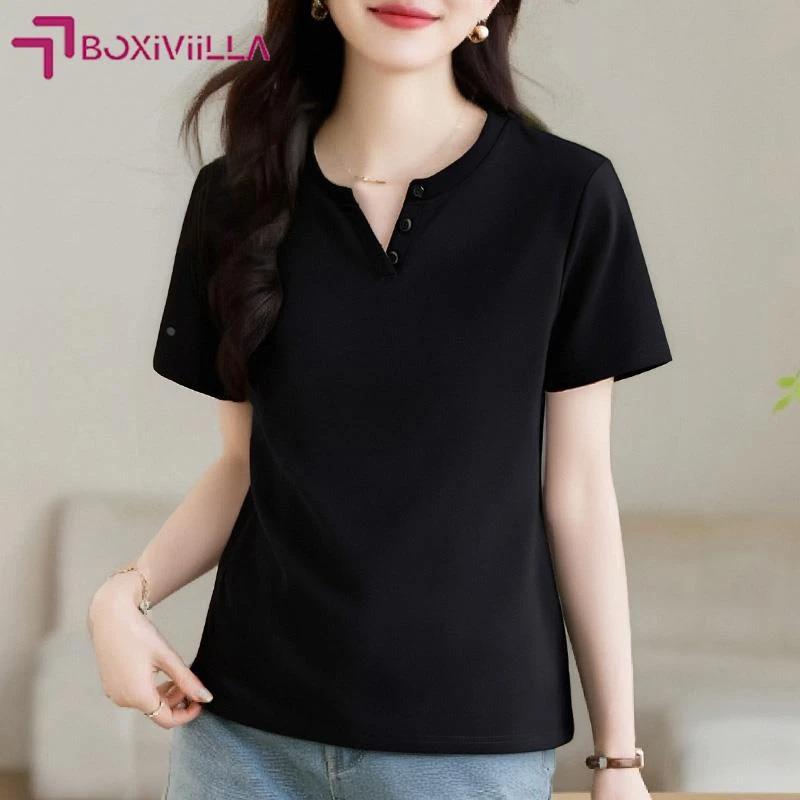 Boxiviilla黑色v领短袖t恤女2025新款夏季爆款衣服女装正肩简约上