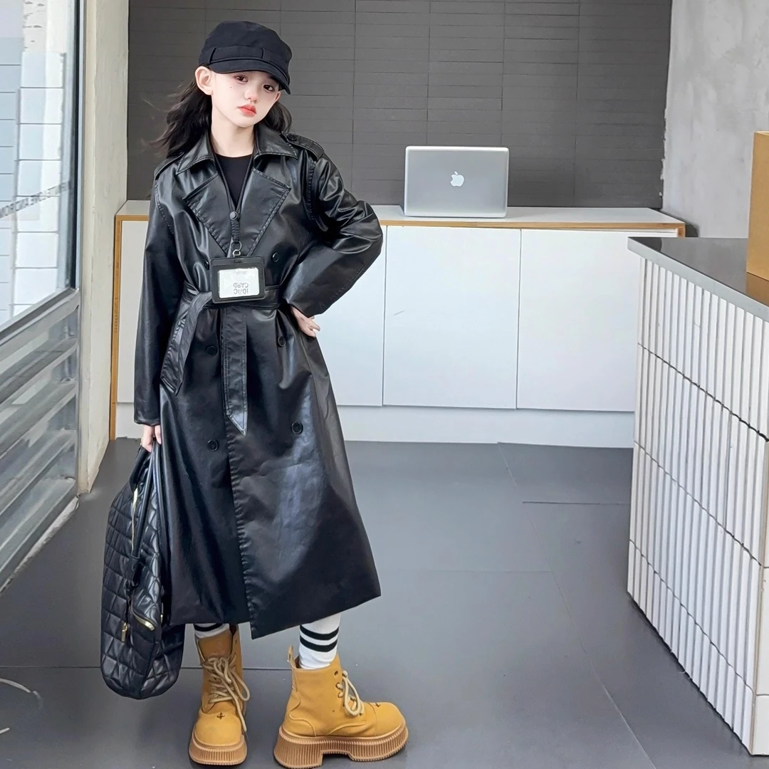 女童皮衣风衣长款秋季2025新款儿童秋装韩系洋气女大童外套春秋款