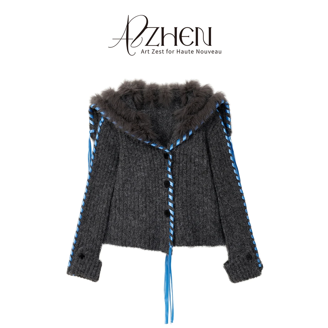AZZHEN【时髦出圈】大翻领针织狐狸毛拼接外套AZ4KBW12-00