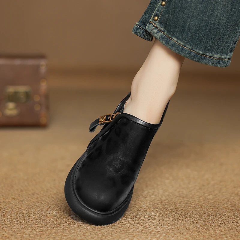 小个子增高8cm~豹纹厚底乐福鞋新款真皮高跟鞋粗跟防水台深口单鞋