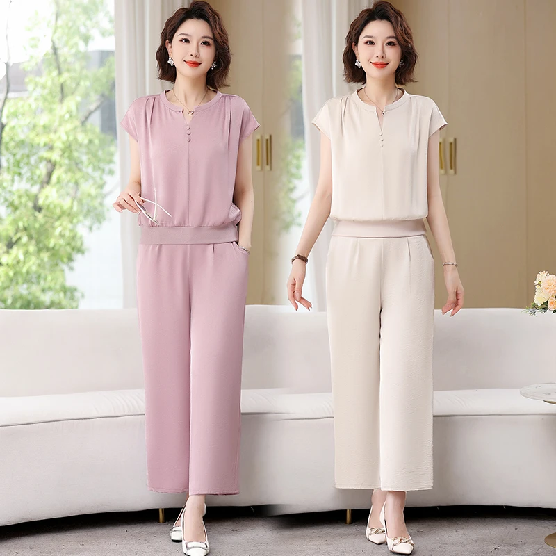 中年妈妈夏装短袖t恤两件套2025新款中老年女夏季上衣阔腿裤套装
