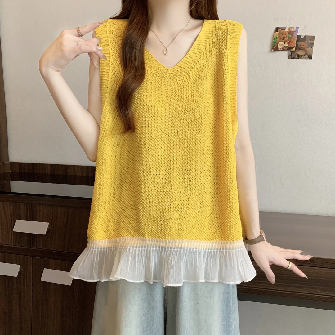 韩系甜美夏季糖果色宽松型拼接木耳边无袖背心针织衫