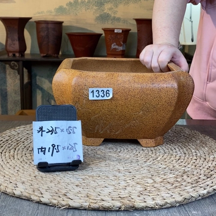 花盆紫砂  柴烧刻绘切角四方1336