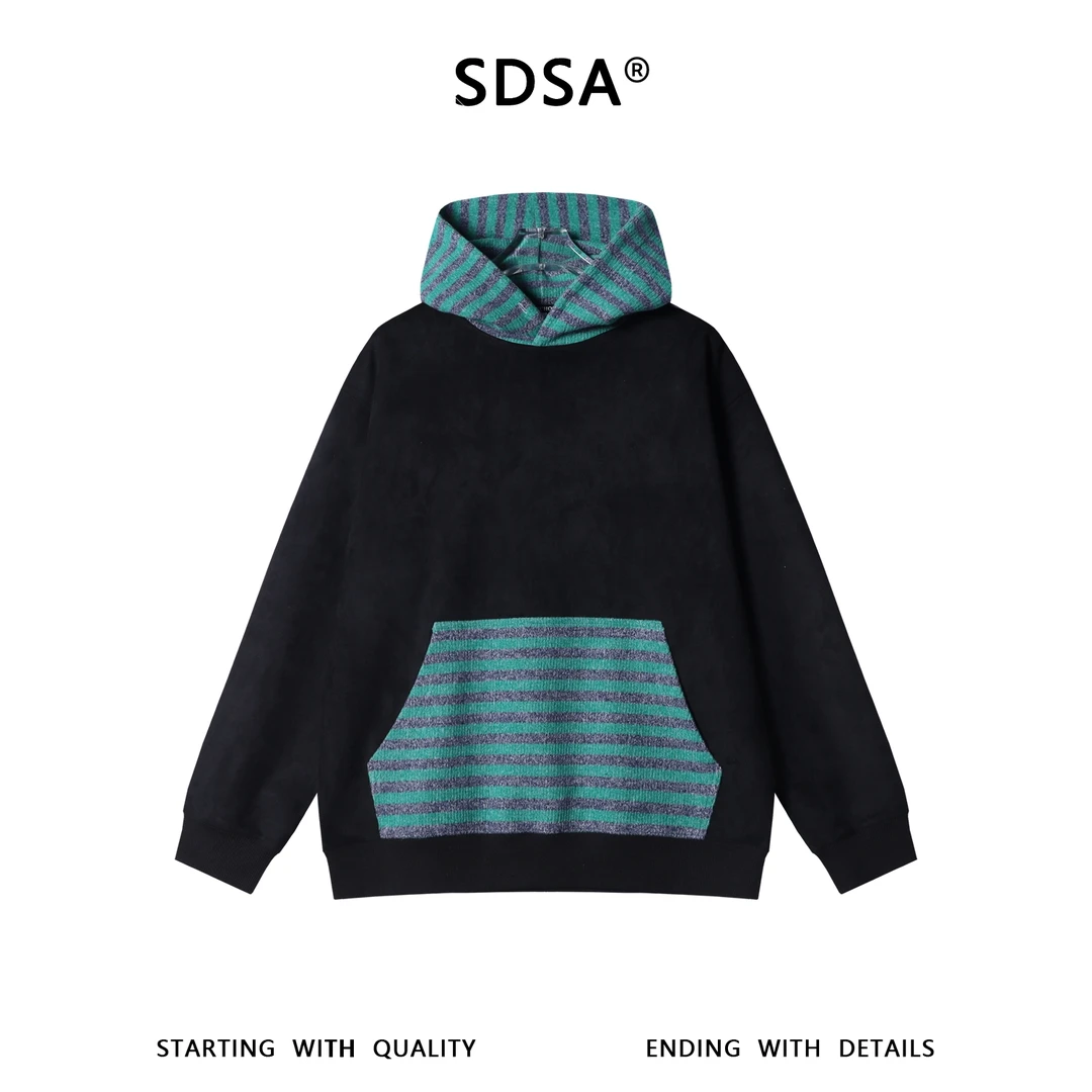 SDSA男士秋冬新款痞帅男装时尚拼接撞色条纹连帽卫衣百搭宽松上衣