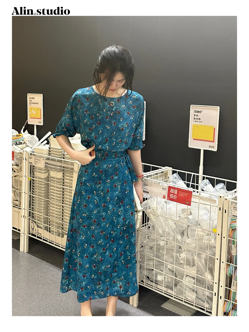 【蓝色】夏季新款气质时尚显瘦连衣裙植物晕染优雅设计师长款裹裙