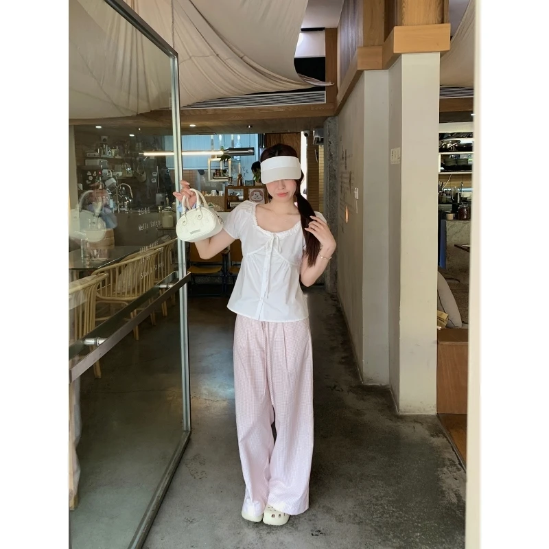 【双11捡漏】乌77小个子粉色格纹休闲裤女新款高腰宽松显瘦长裤秋季