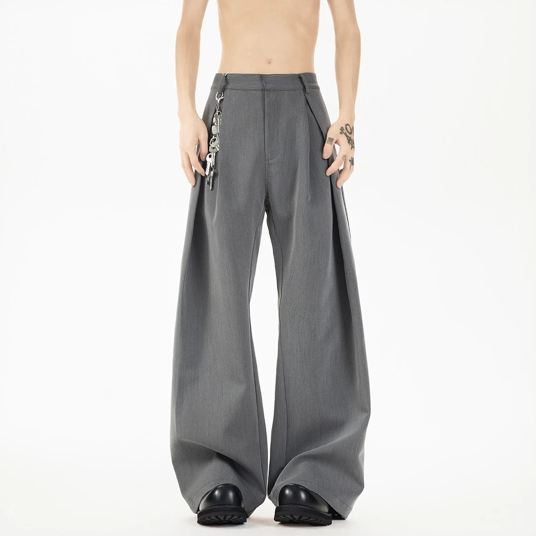 美式cleanfit灰色西裤男夏季薄款潮牌解构设计宽松弯刀休闲长裤子