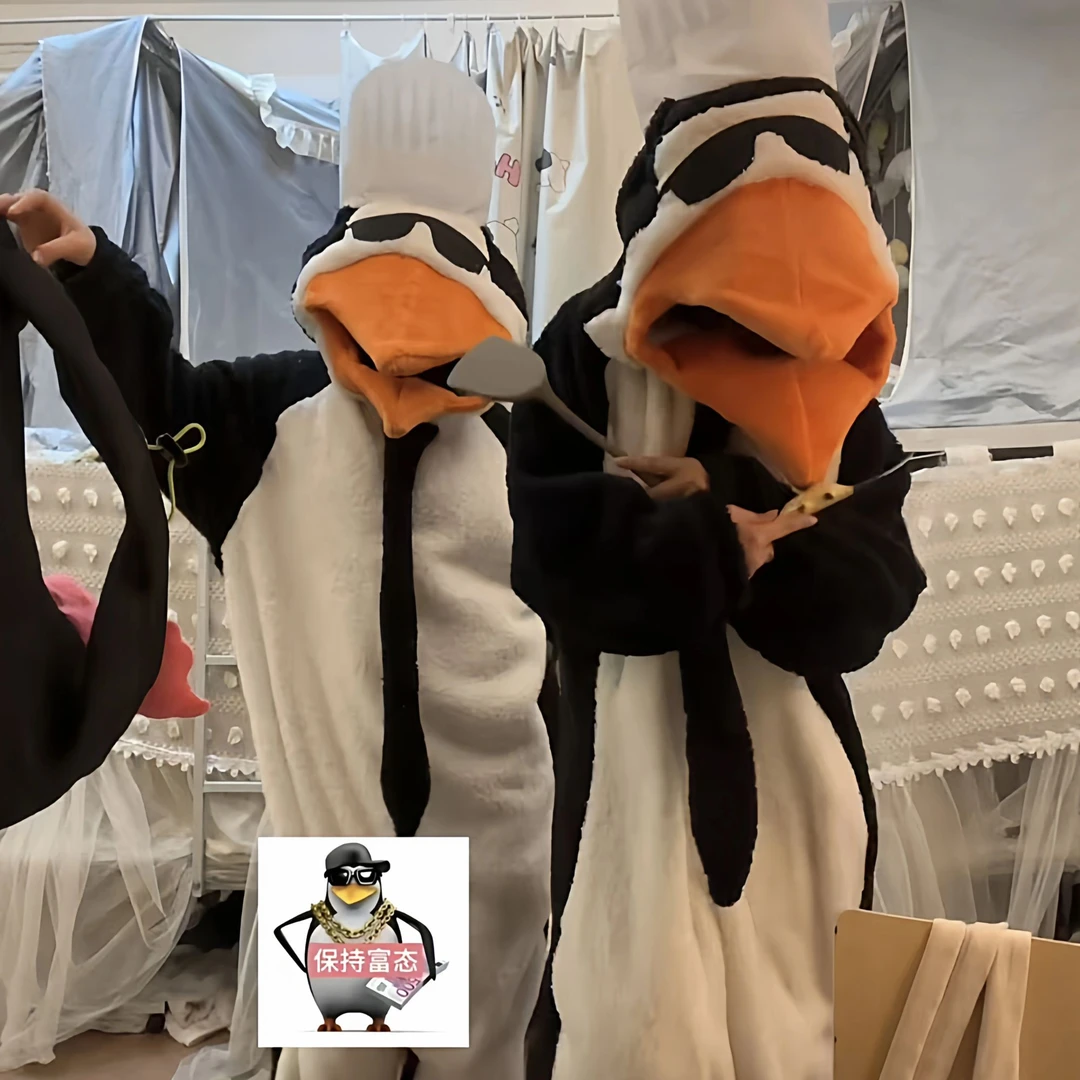 抽象企鹅睡衣卡通高雅人士搞怪睡袍冬季情侣款保暖可爱连体家居服