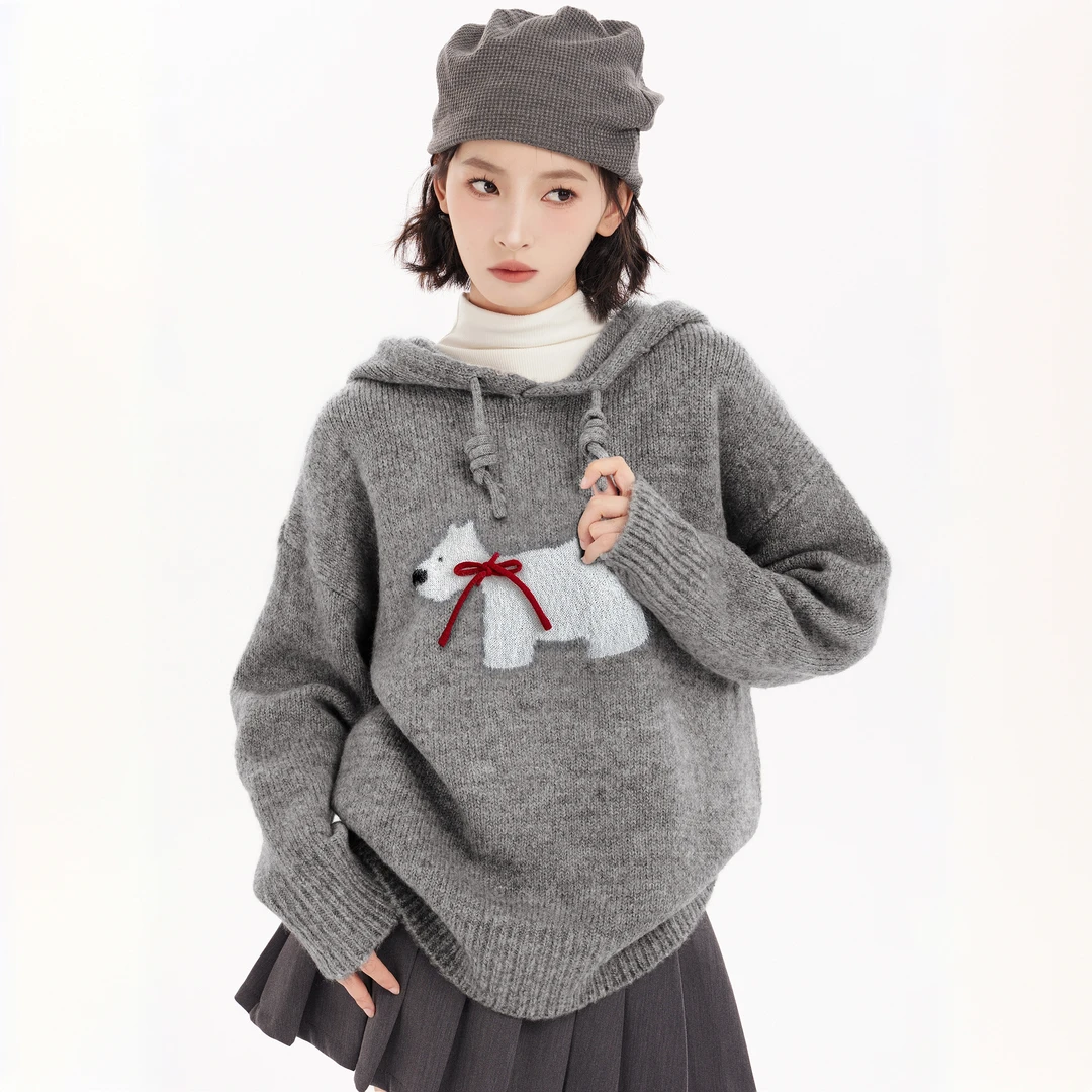 小狗毛衣女慵懒风连帽外套2025春秋小个子宽松别致针织衫灰色上衣