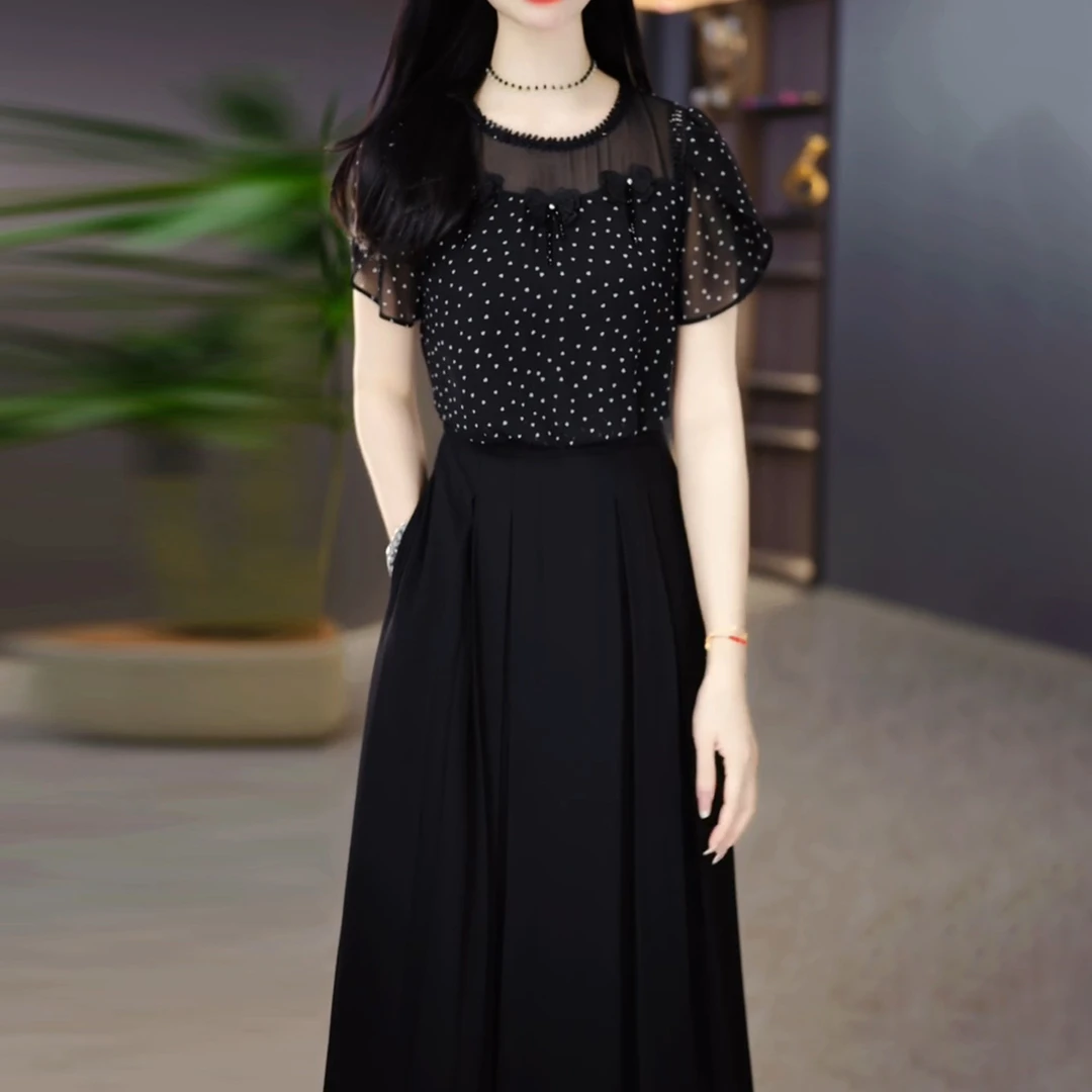 NAHOPULER/纳霍浦勒显瘦波点拼接夏季透气连衣裙泡泡袖日奢风