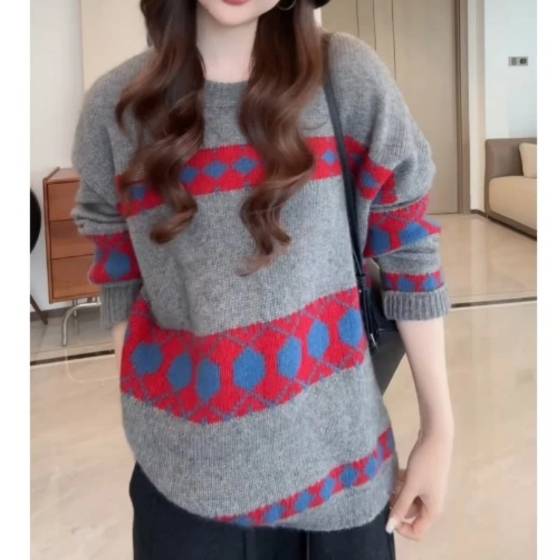新款复古宽松氛围感慵懒套头针织衫圆领撞色菱格上衣LK2507013
