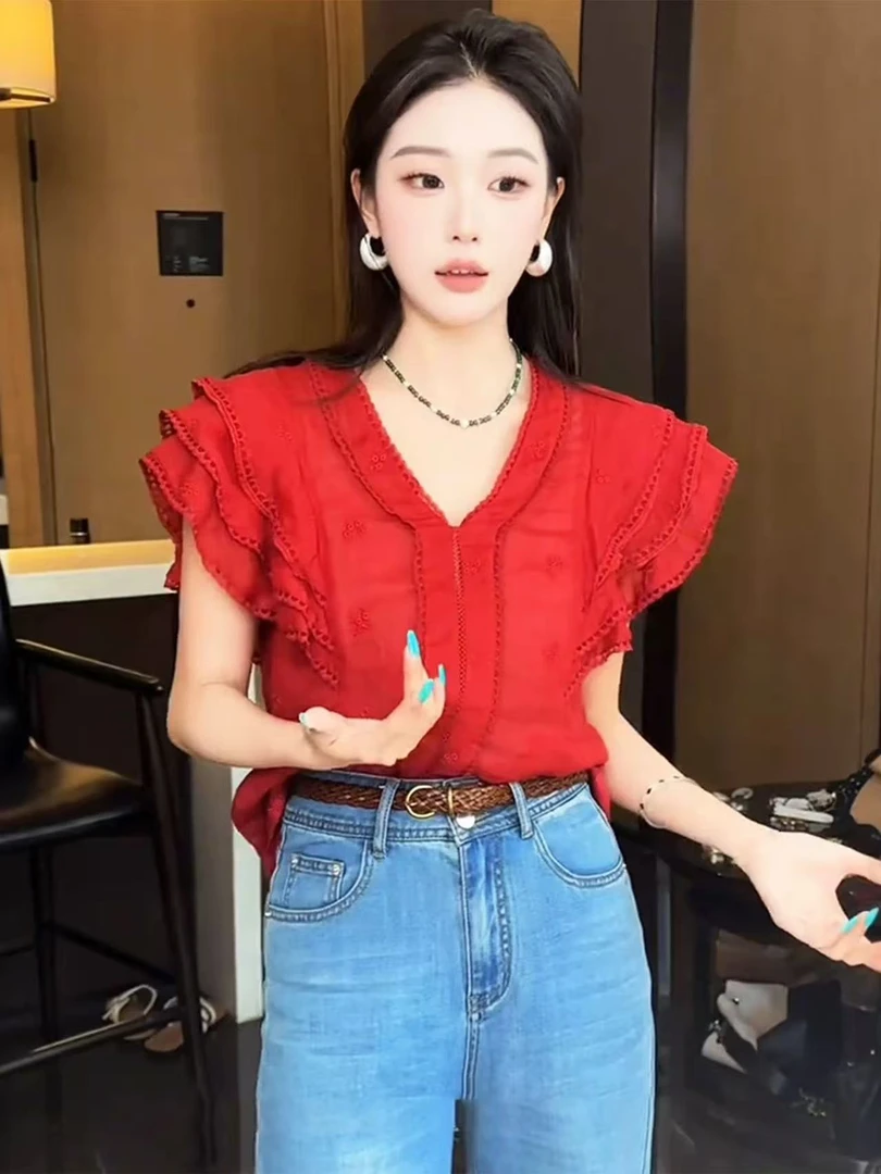 琴10996夏季小飞袖上衣女轻奢高级感新款红色v领雪纺短袖衬衫女
